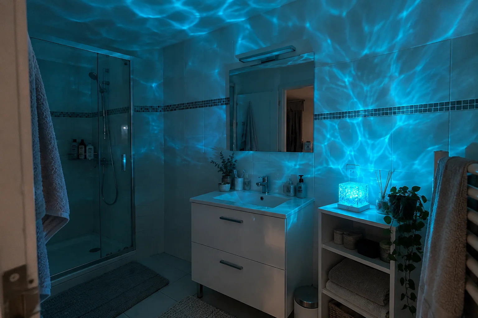 Le Cube Onde turquoise sur une étagère de salle de bain, reflets sur le carrelage